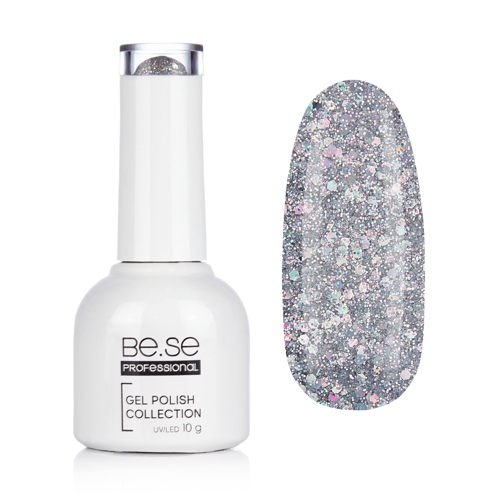

Уцінка! Гель-лак для нігтів Be.Se Professional Gel Polish Collection Glitter 33 Прозорий, з голографічними шестигранниками, 10 г