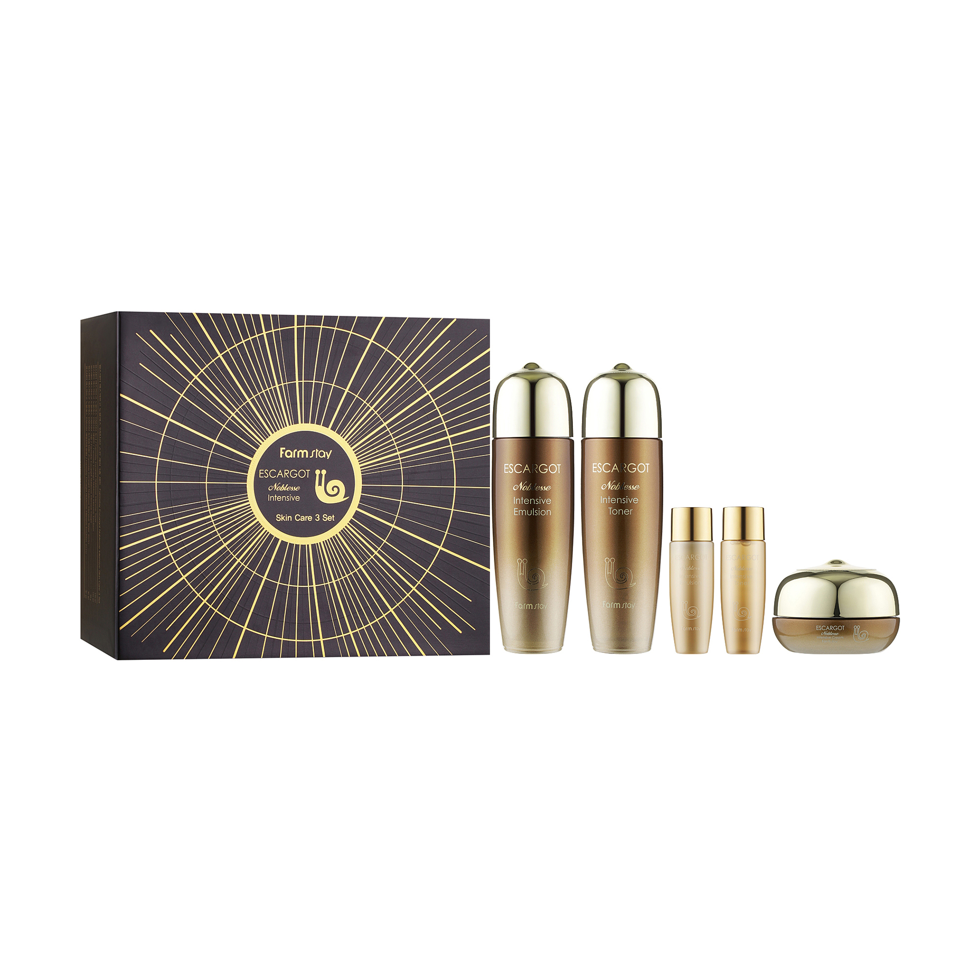 

Уцінка! Набір для обличчя FarmStay Escargot Noblesse Intensive Skin Care Set (тонер, 150 мл + 30 мл + емульсія, 150 мл + 30 мл + крем, 50 мл)