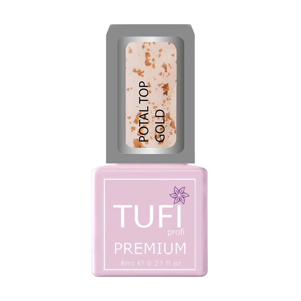 

Уцінка! Каучуковий топ для гель-лаку Tufi Profi Premium Potal Top без липкого шару, з поталью золото, 8 мл
