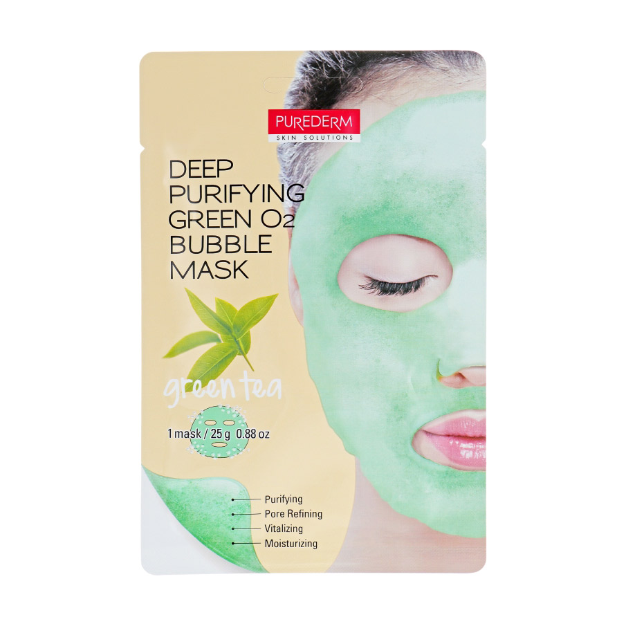 

Глибоко очищувальна бульбашкова тканинна маска для обличчя Purederm Deep Purifying Green O2 Bubble Mask Green Tea з зеленим чаєм, 25 г