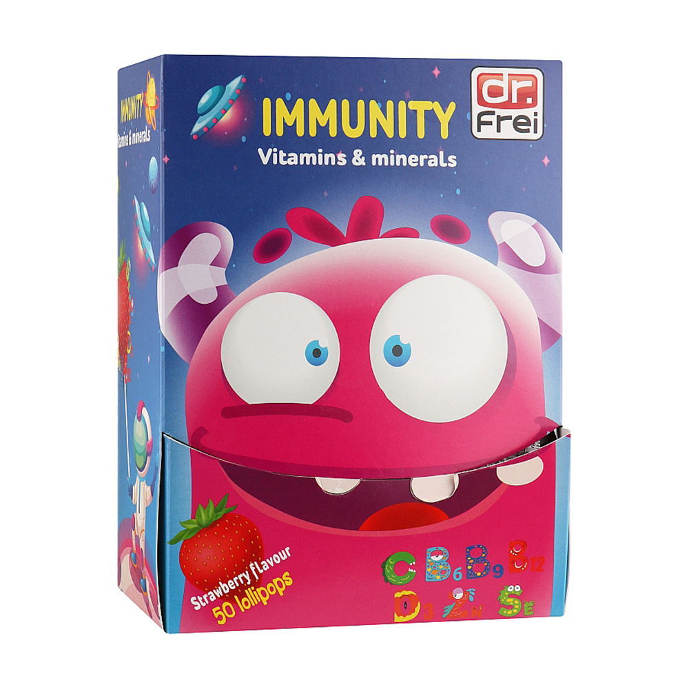 

Уцінка! Вітаміни та мінерали Dr. Frei Immunity Імуніті (Zn+Se) зі смаком полуниці, 50 льодяників