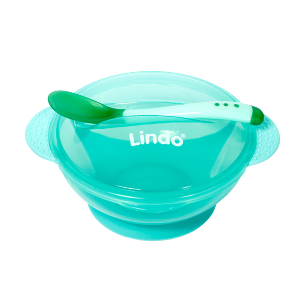 

Дитяча тарілка на присосці Lindo з термоложкою та кришкою, зелена (А 49)