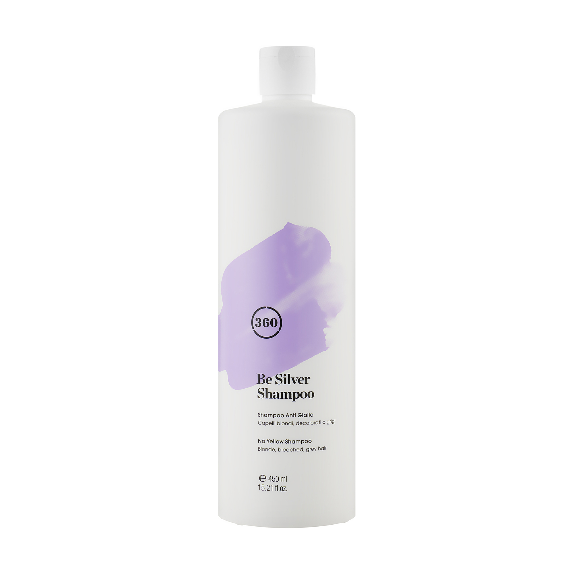 

Уцінка! Шампунь для волосся 360 Hair Professional Be Silver No Yellow Shampoo Сріблястий блонд, з ромашкою, мигдальною олією та протеїном, 450 мл
