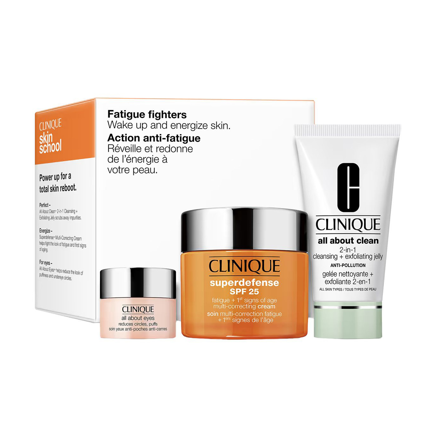 

Набір для обличчя Clinique Fatigue Fighters Set (крем 50 мл + очищувальне і відлущувальне желе, 30 мл + крем-гель для шкіри навколо очей, 5 мл)