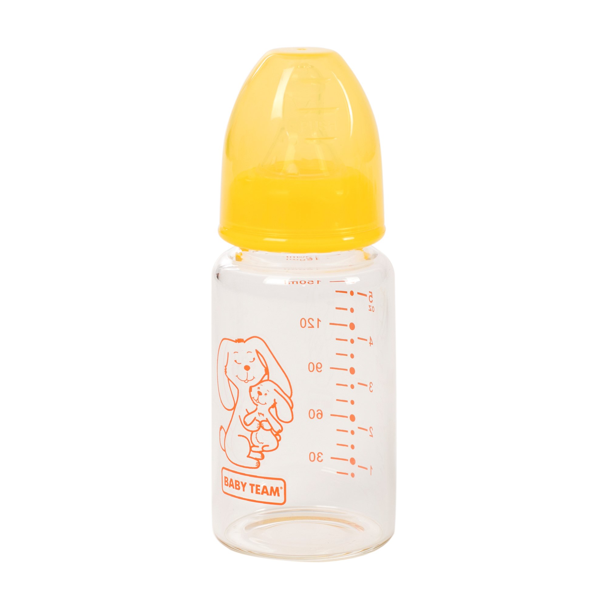 

Пляшечка для годування Baby Team Зайчик, скляна із силіконовою соскою, від народження, 150 мл (1210)