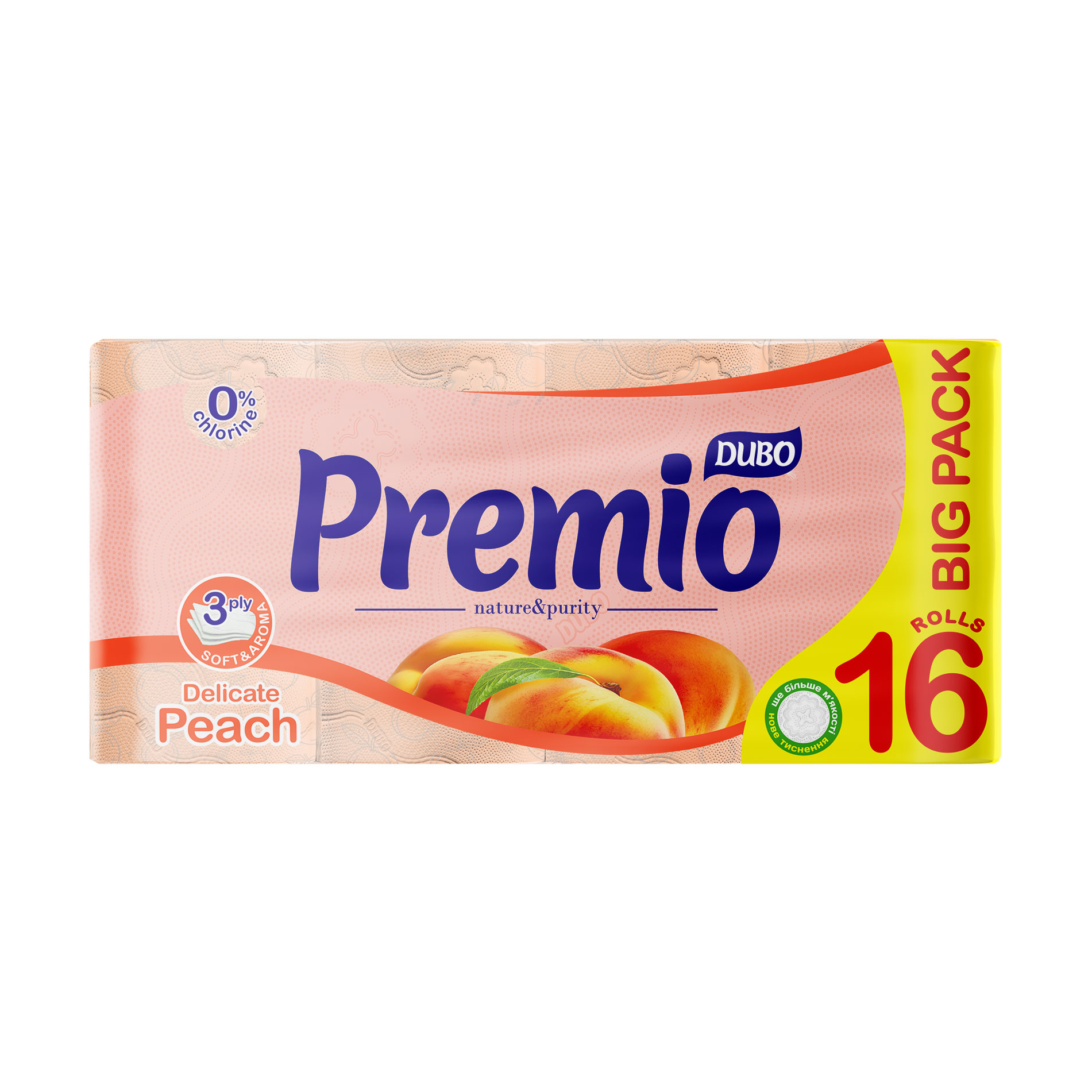 

Туалетний папір Диво Premio Aroma, з ароматом персика, 3-шаровий, 16 рулонів