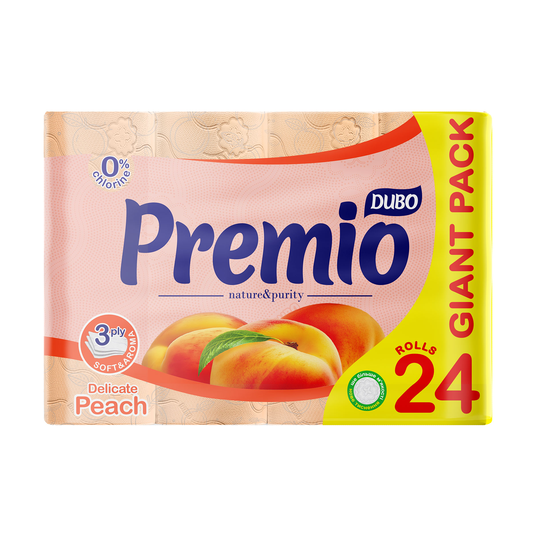 

Туалетний папір Диво Premio Aroma, з ароматом персика, 3-шаровий, 24 рулони
