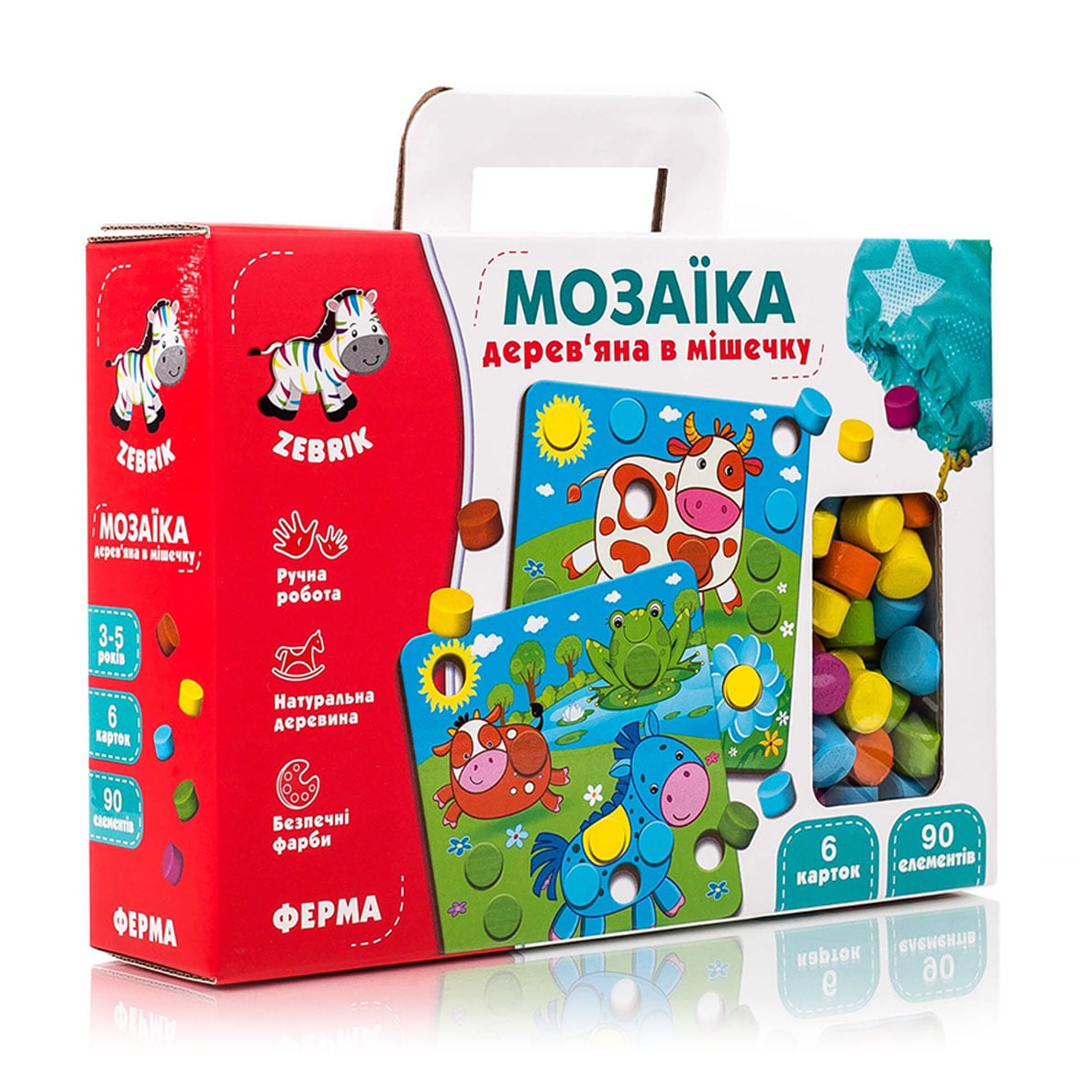 

Мозаїка дерев'яна в мішечку Vladi Toys Ферма, на українській мові, 96 деталей, від 3 років (ZB2002-01)