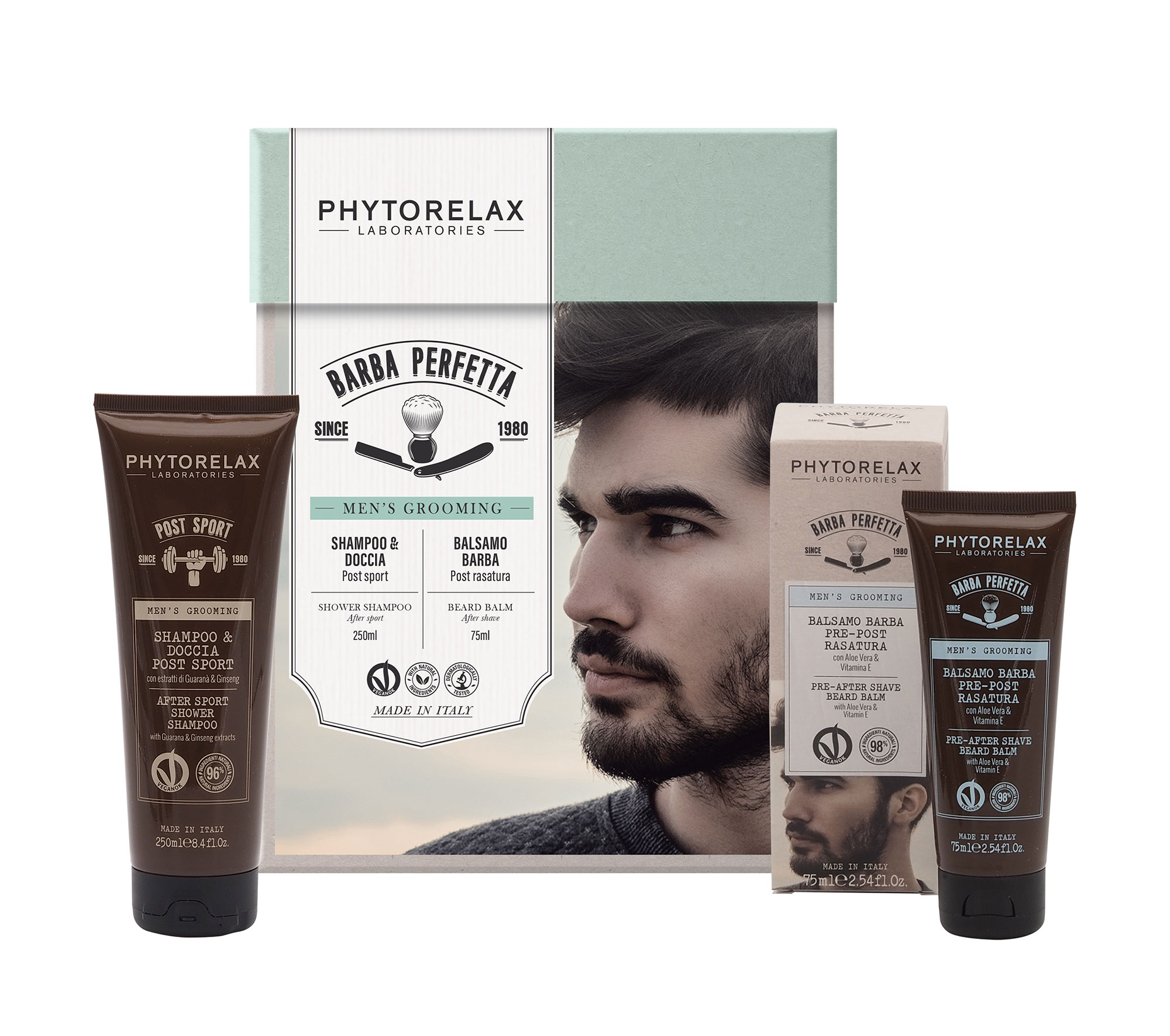 

Чоловічий набір для волосся та обличчя Phytorelax Laboratories Perfect Beard (шампунь-гель, 250 мл + бальзам для бороди до і після гоління, 75 мл)