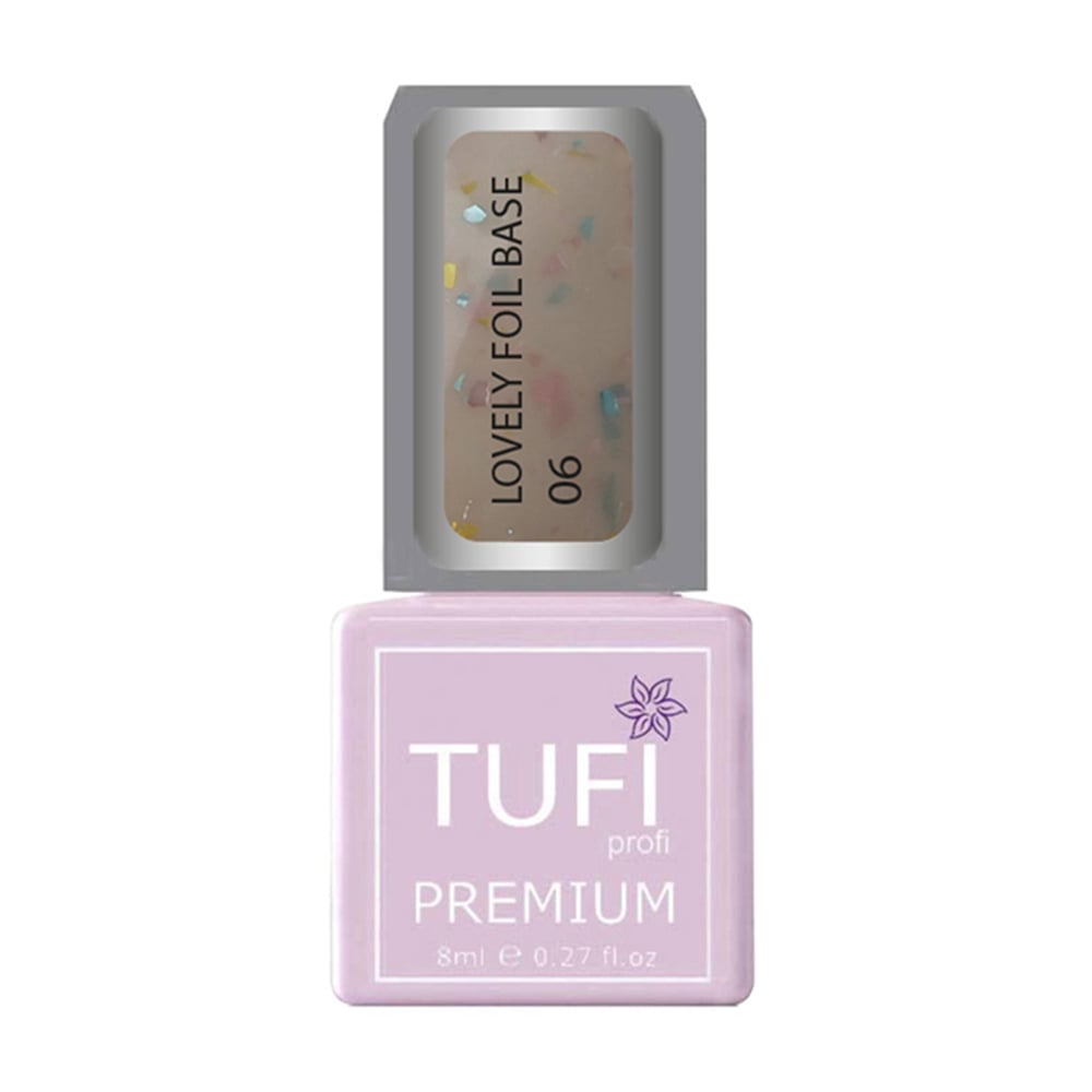 

Уцінка! База для гель-лаку Tufi profi Premium Lovely Foil Base з фольгою, 06 Солодкий мигдаль, 8 мл
