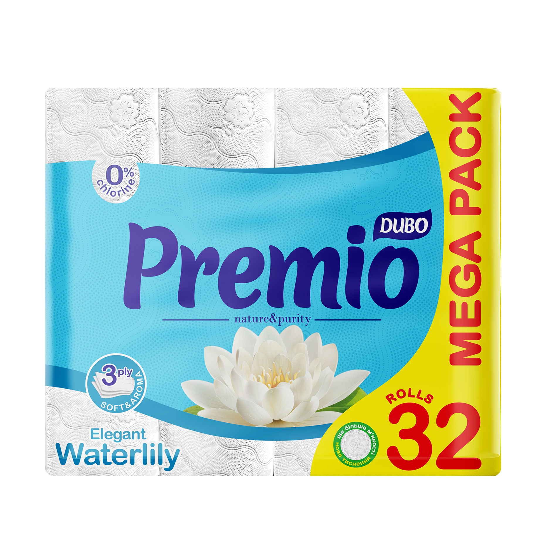 

Туалетний папір Диво Premio Water Lily, 3-шаровий, 140 відривів, 32 рулони
