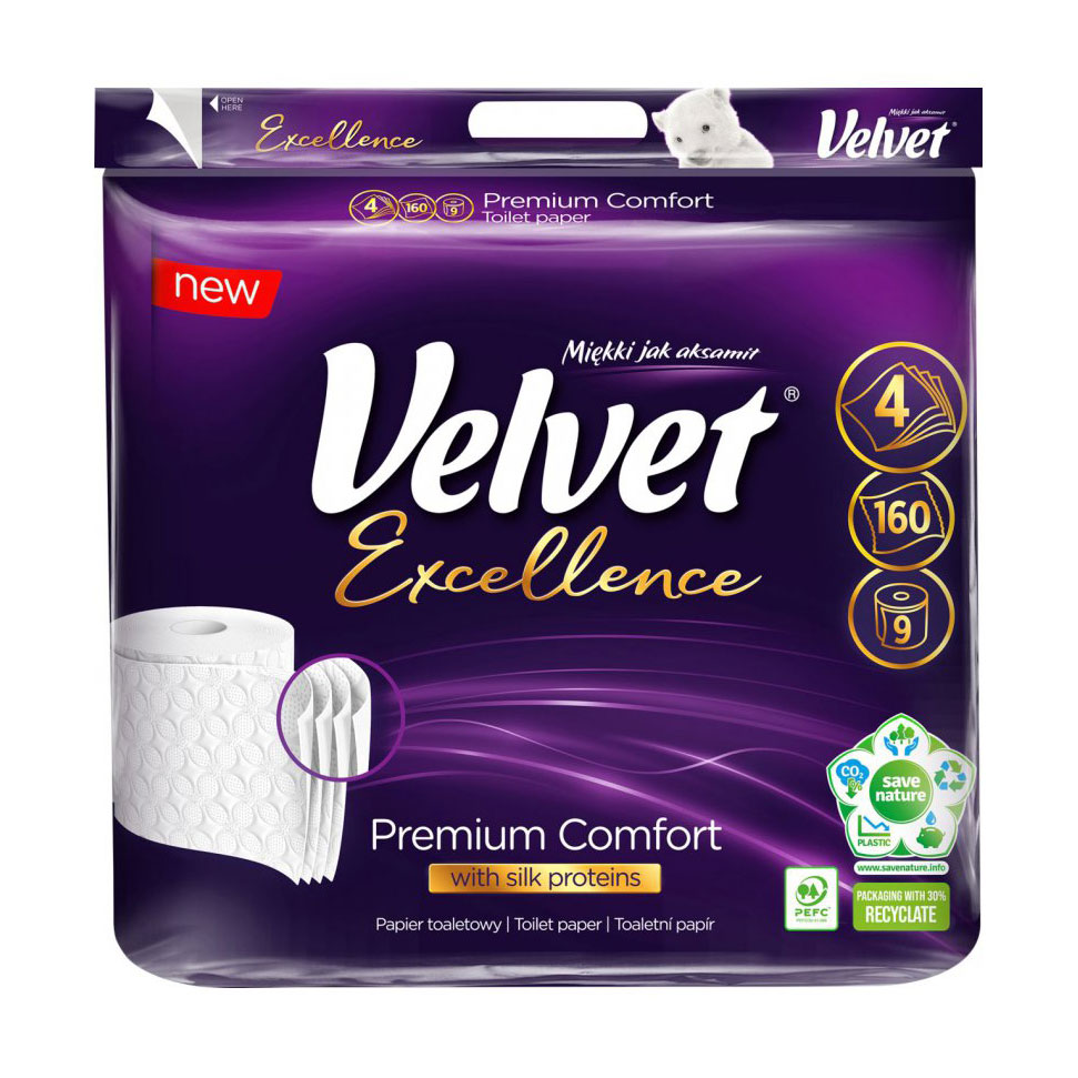 

Уцінка! Туалетний папір Velvet Excellence Silk Proteins 4-шарові, 160 відривів, 9 рулонів