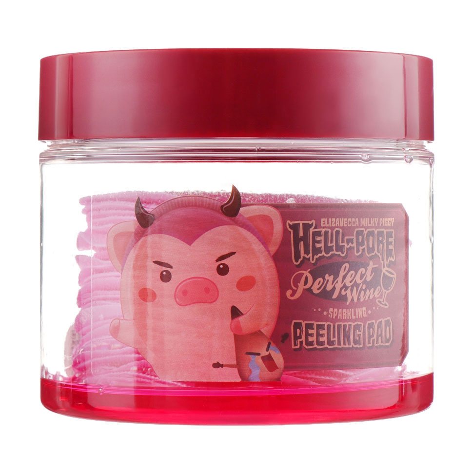 

Подарунок! Очищувальні пілінг-пади Elizavecca Milky Piggy Hell-Pore Perfect Wine Sparkling Peeling Pad на основі червоного вина, 30 шт