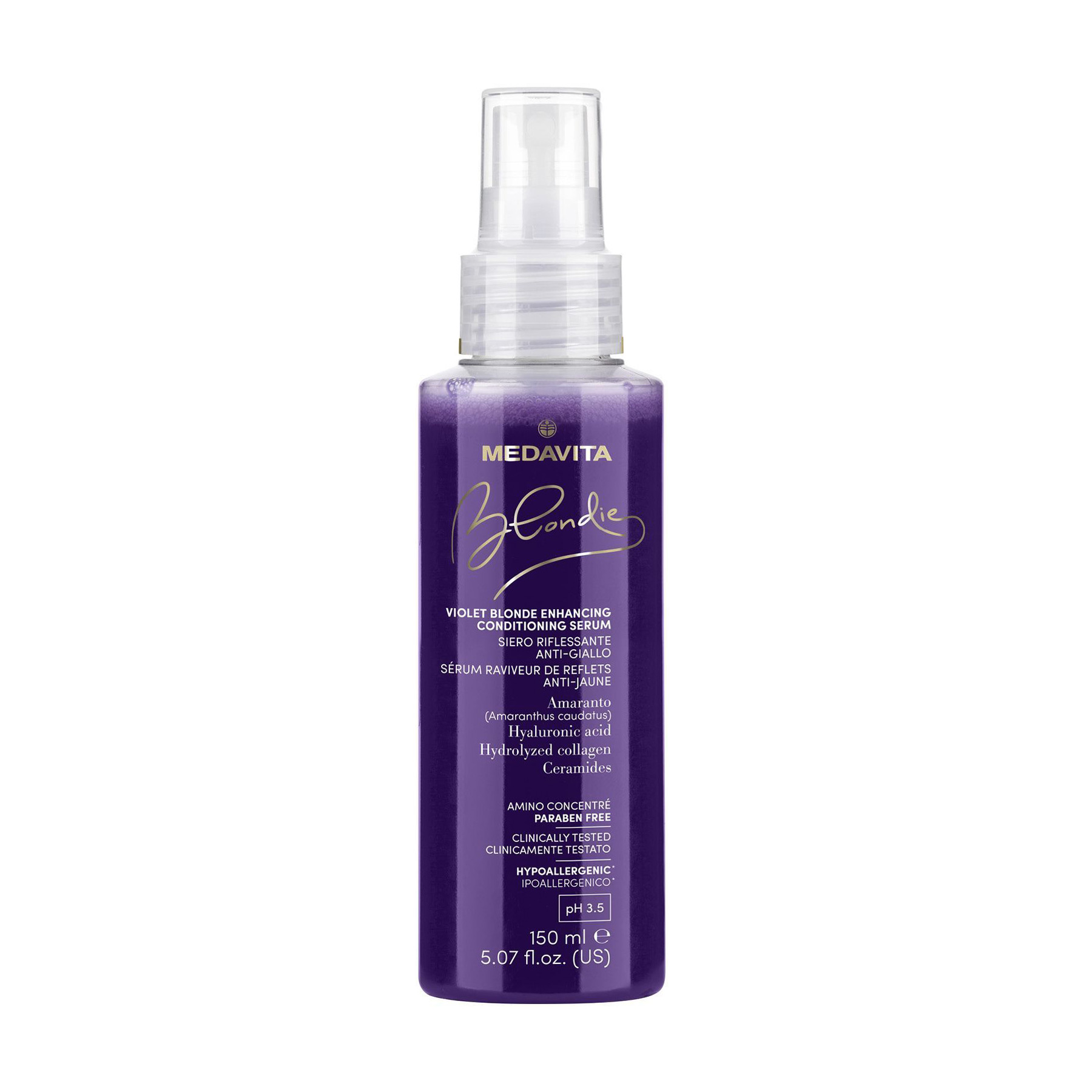 

Сироватка-кондиціонер Medavita Blondie Violet Blonde Enhancing Conditioning Serum для підсилення холодних перламутрових відтінків світлого волосся, 150 мл