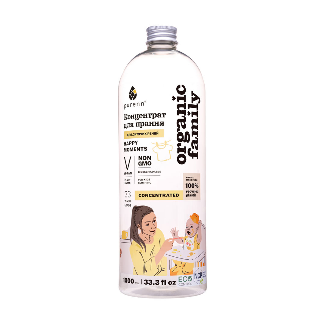 

Уцінка! Рідкий гель-концентрат для прання Purenn Organic Family Happy Moments Ромашка, для дитячих речей, 33 цикли прання, 1 л