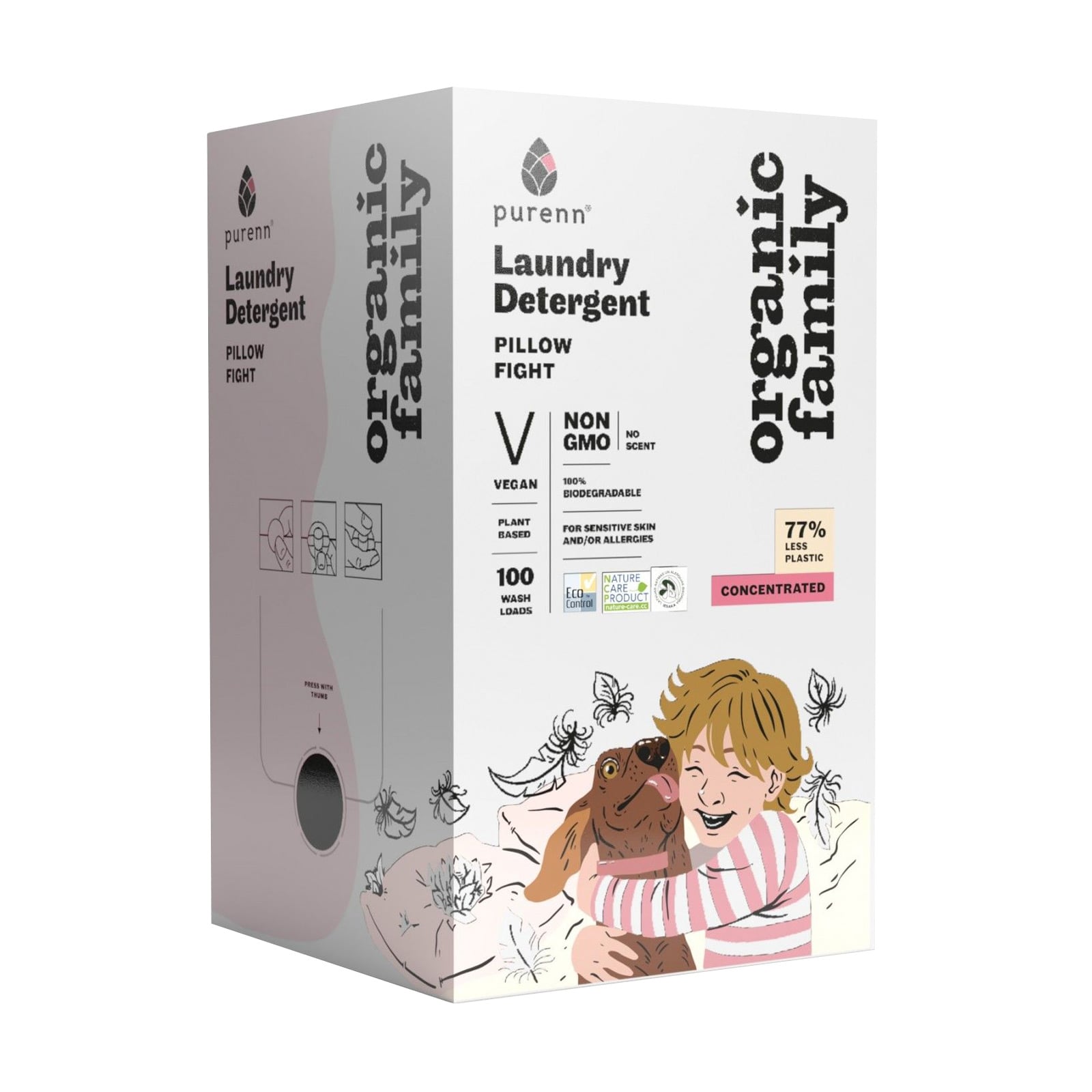 

Уцінка! Рідкий гель-концентрат для прання Purenn Organic Family Pillow Fight неароматизований, для кольорових та білих речей, 100 циклів прання, 3 л