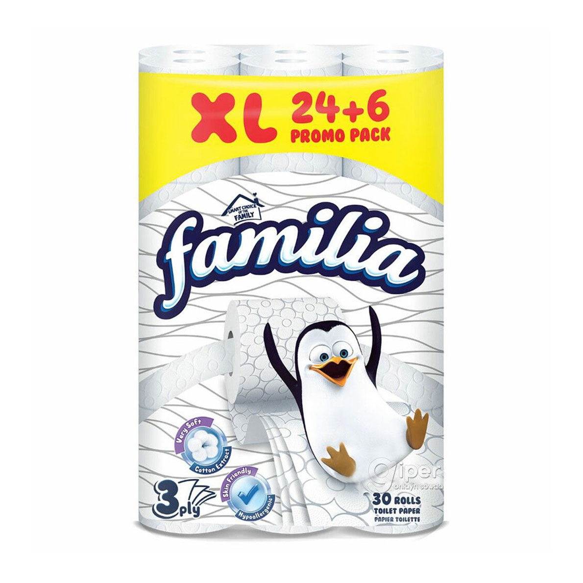 

Туалетний папір Familia Toilet Paper XL Promo Pack, 3-шаровий, 150 відривів, 30 рулонів