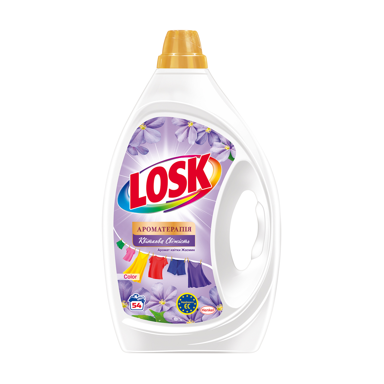 

Гель для прання Losk Color Gel Ароматерапія, Квіткова свіжість, аромат квітки жасмин, 54 цикли прання, 2.43 л