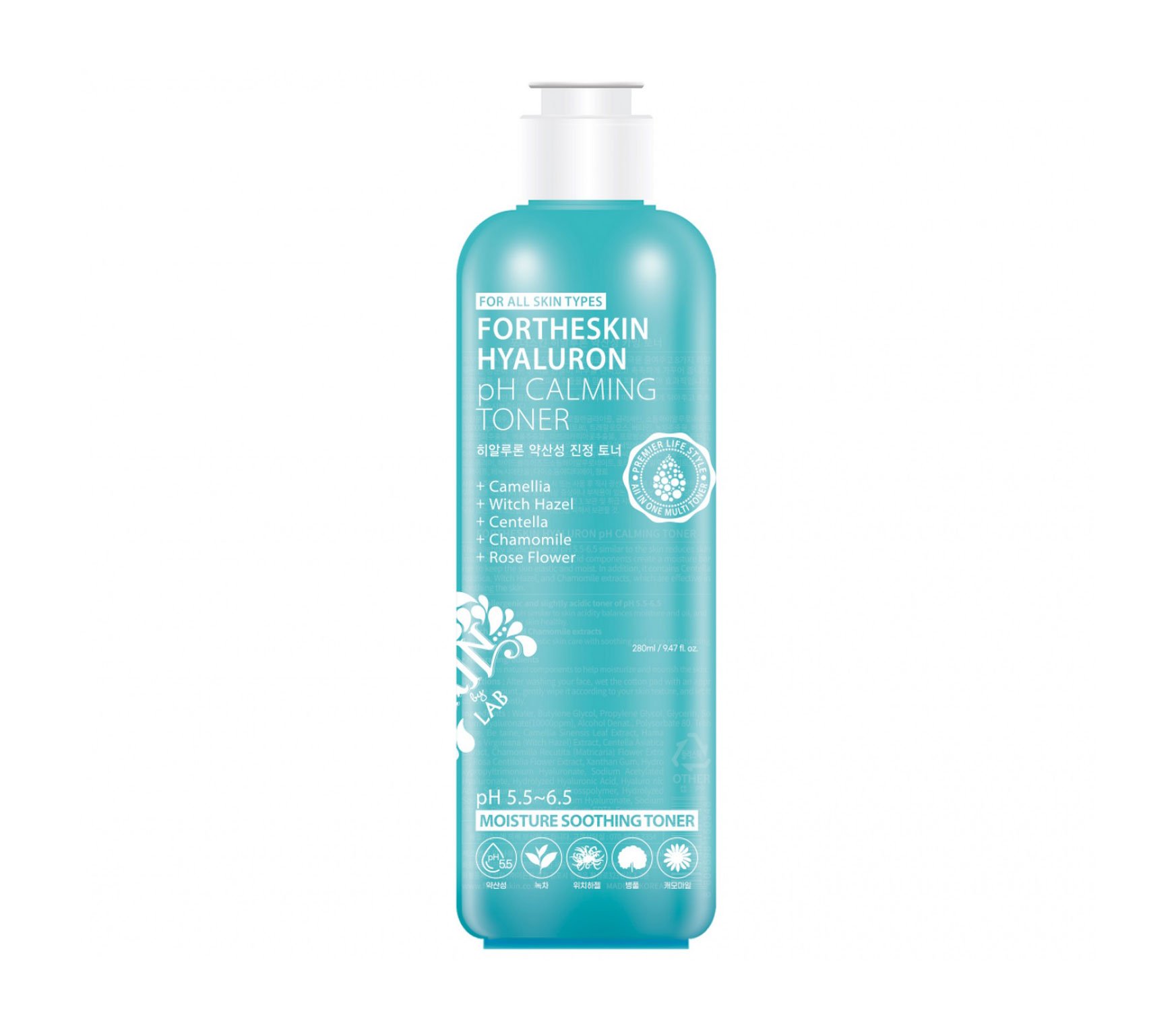 

Тонер для обличчя Fortheskin Hyaluron pH Calming Toner з гіалуроновою кислотою і центелою, 280 мл