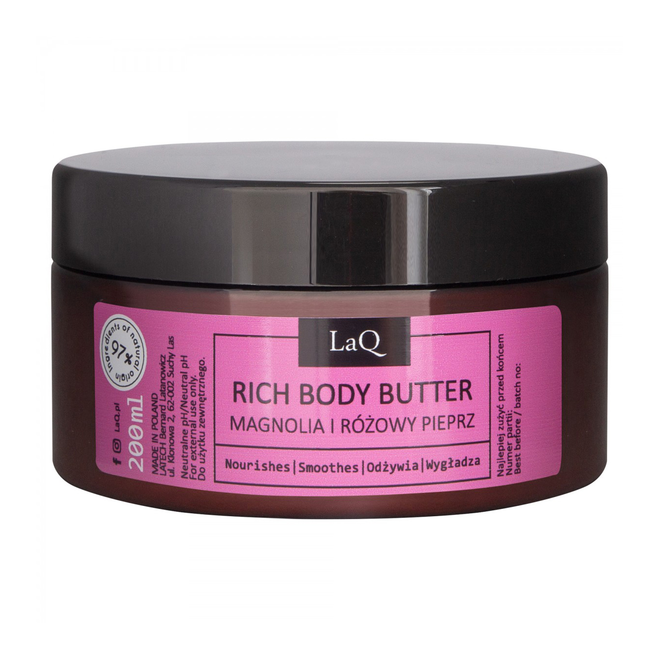 

Живильний та розгладжувальний батер для тіла LaQ Rich Body Butter Магнолія та рожевий перець, 200 мл