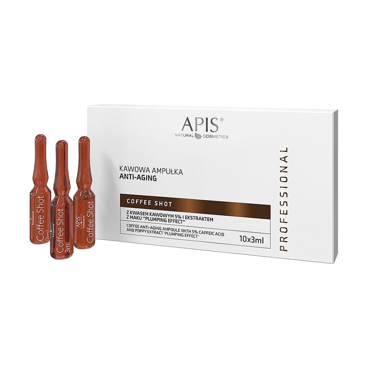 

Уцінка! Кавові омолоджувальні ампули для обличчя Apis Natural Cosmetics Professional Coffee Shot Ampoule з 5% кавовою кислотою та екстрактом маку, 10*3 мл