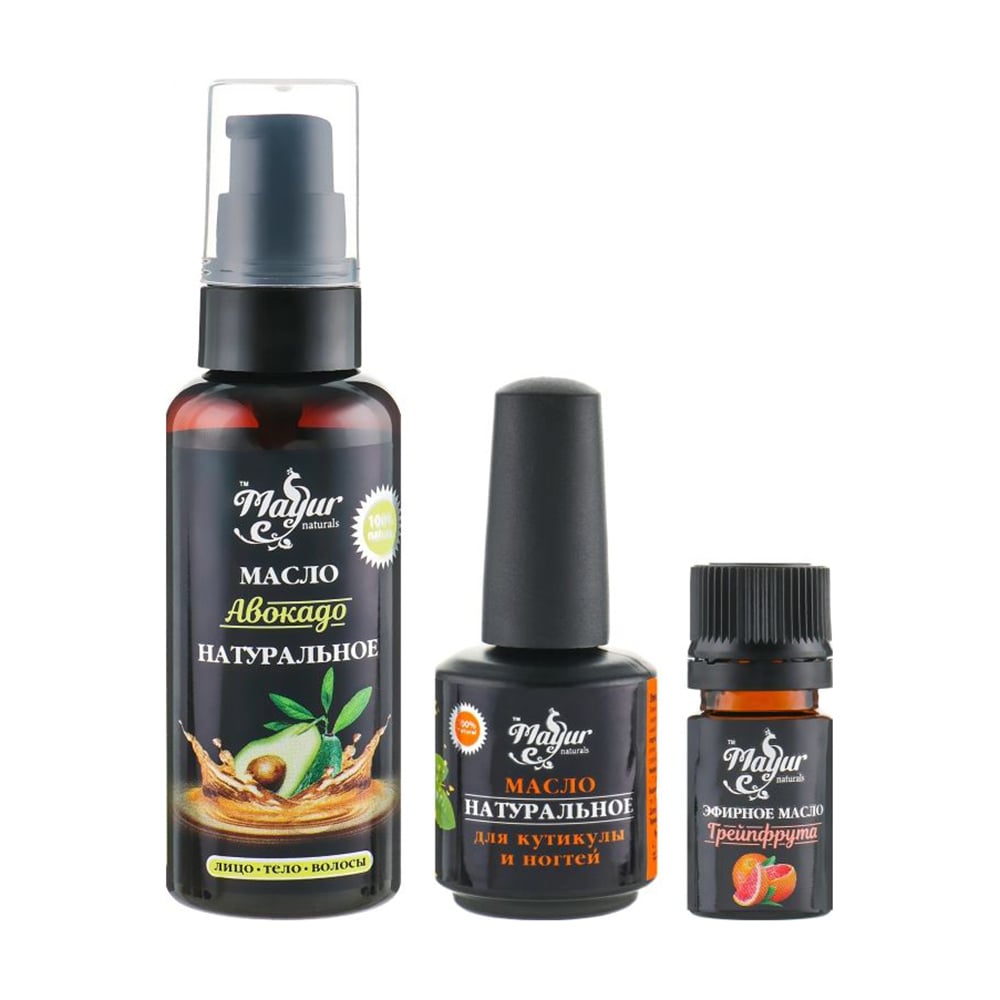 

Уцінка! Набір для шкіри та нігтів Mayur Авокадо та грейпфрут (олія авокадо, 50 мл + олія для нігтів та кутикули, 15 мл + ефірна олія грейпфрута, 5 мл)