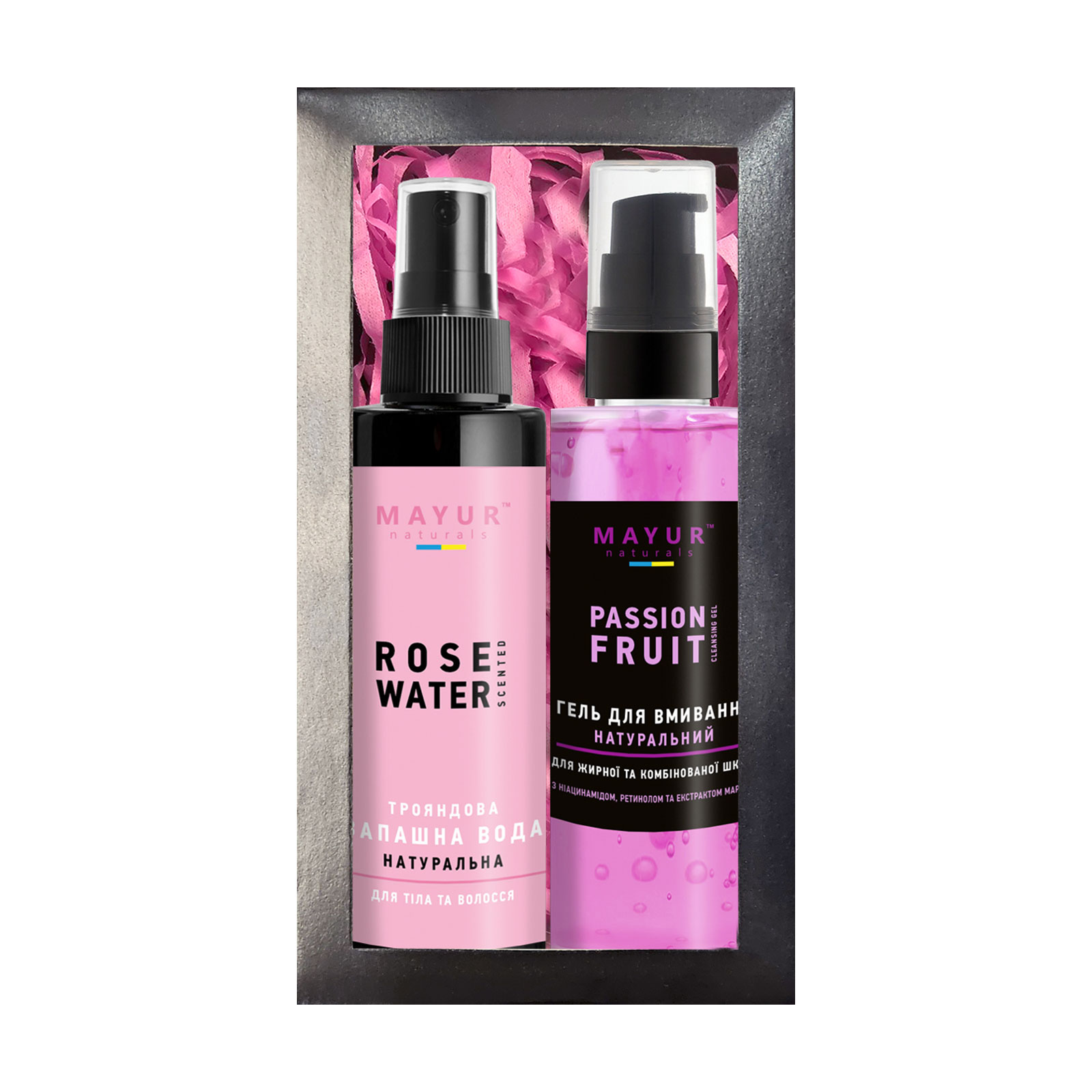 

Набір для обличчя, тіла та волосся Mayur (гель для вмивання Маракуя, 100 мл + запашна вода Троянда, 100 мл)