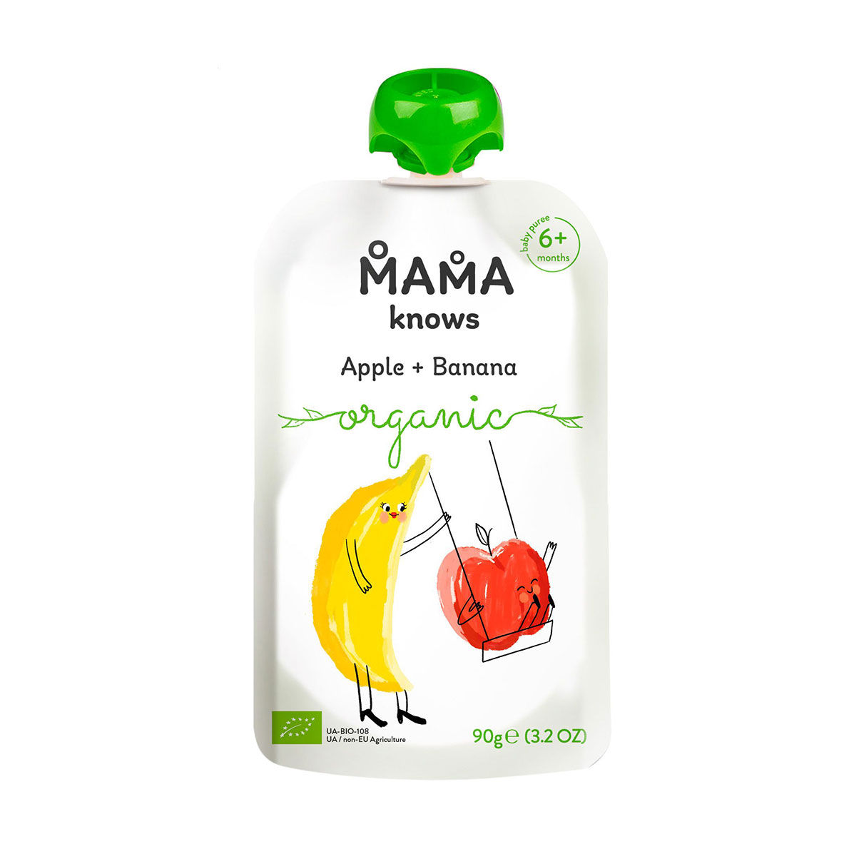 

Уцінка! Дитяче фруктове пюре Mama knows Organic Яблуко-банан, з 6 місяців, 90 г