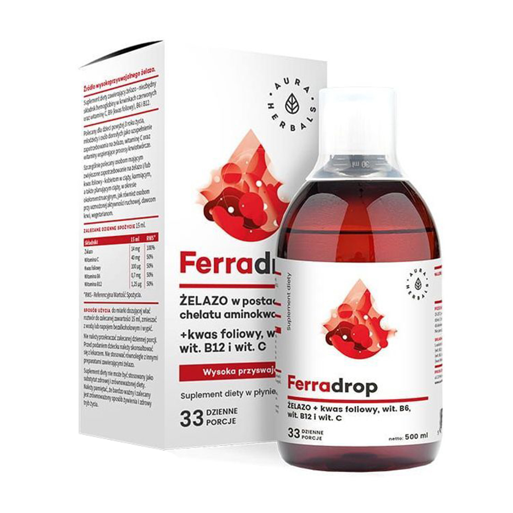 

Вітаміни та мінерали Aura Herbals Ferradrop Залізо + фолієва кислота, в рідині, 500 мл