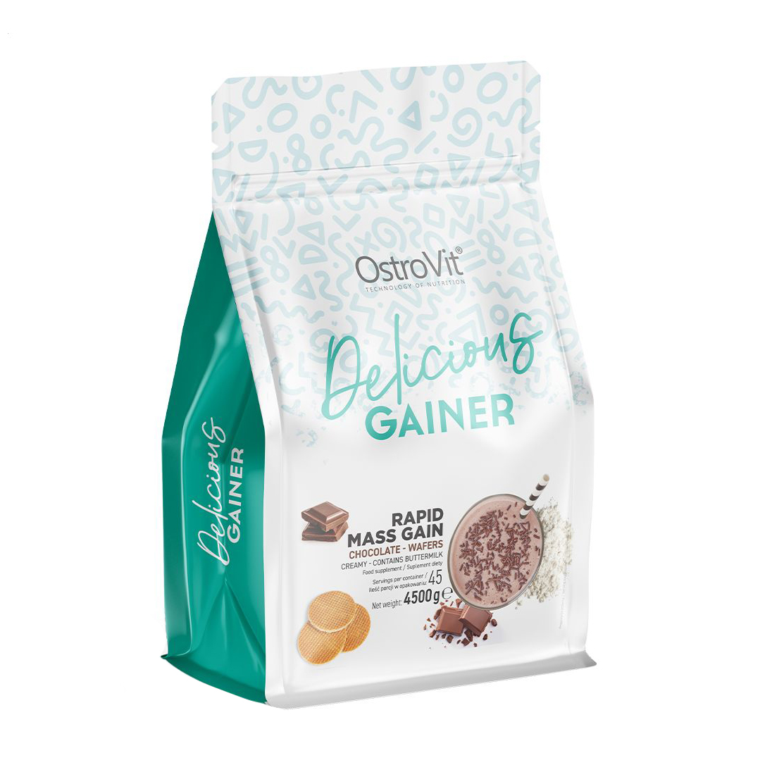 

Гейнер OstroVit Delicious Gainer Шоколадні вафлі, в порошку, 4.5 кг
