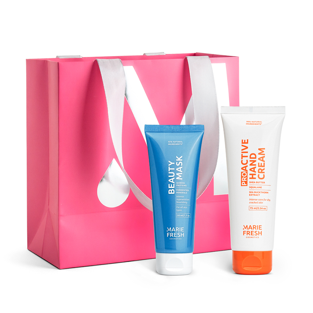 

Подарунковий набір Marie Fresh Cosmetics Winter Skin Essentials (бьюті-маска для обличчя, 50 мл + крем для рук Proactive, 100 мл)