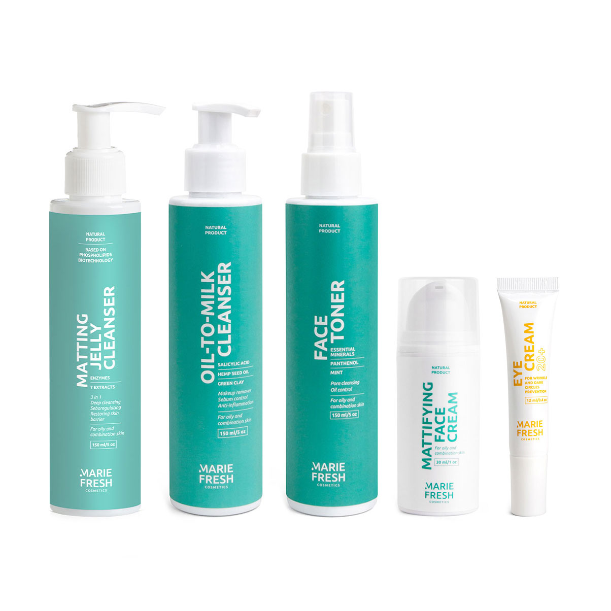 

Уцінка! Набір Marie Fresh Cosmetics Комплексний догляд за жирною та комбінованою шкірою обличчя, 5 продуктів (з гелем)
