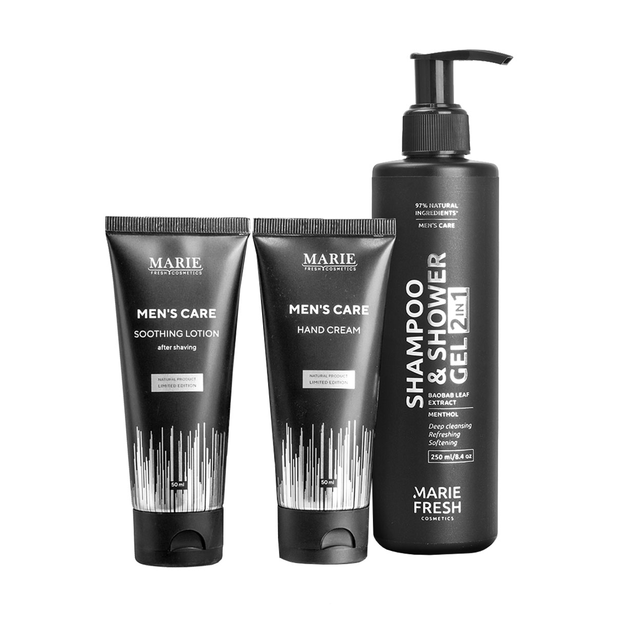 

Чоловічий набір Marie Fresh Cosmetics Men's Care (шампунь-гель для душу 2в1, 250 мл + лосьйон після голіня, 50 мл + крем для рук, 50 мл)