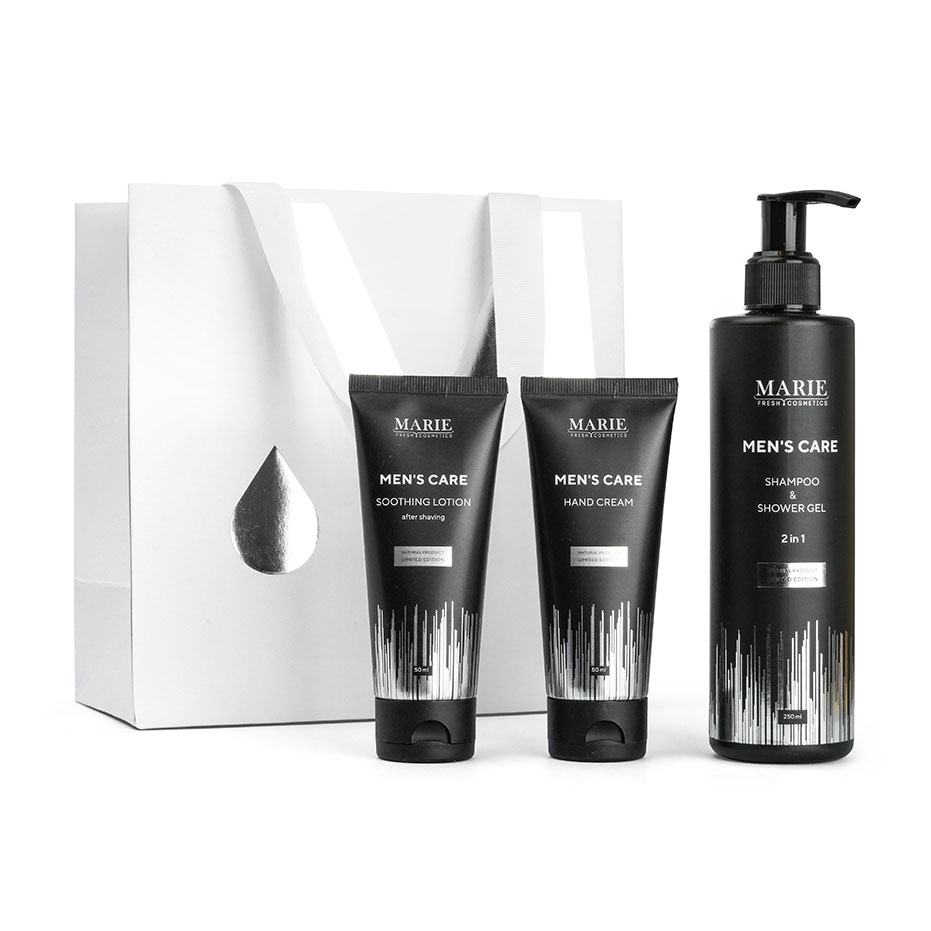 

Уцінка! Чоловічий подарунковий набір Marie Fresh Cosmetics Men's Care (шампунь-гель для душу 2в1, 250 мл + лосьйон після голіня, 50 мл + крем для рук, 50 мл)