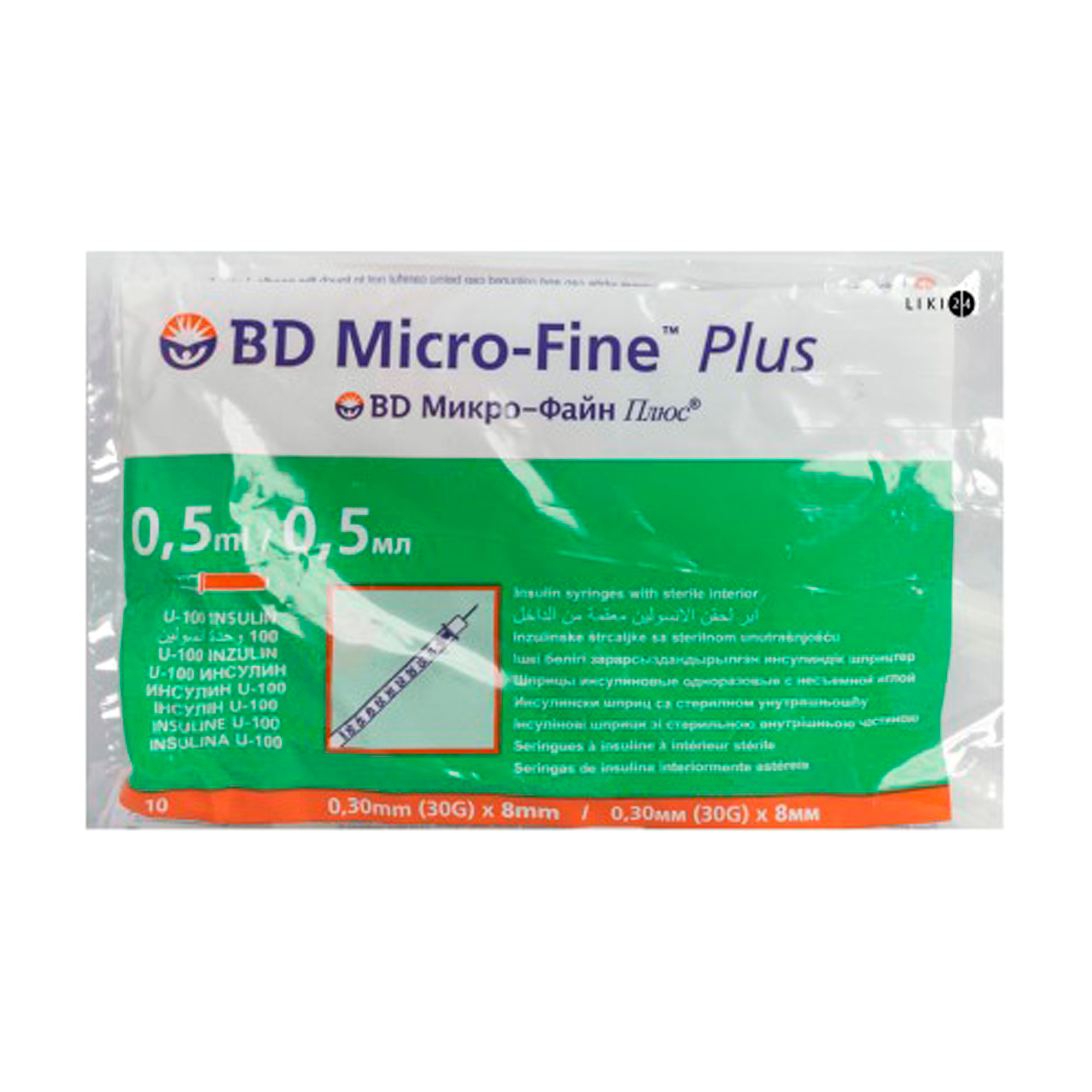 

Шприц ін'єкційний інсуліновий BD Micro-Fine Plus U-100, розмір 30G, 0.3*8 мм, 0.5 мл (10 шт)