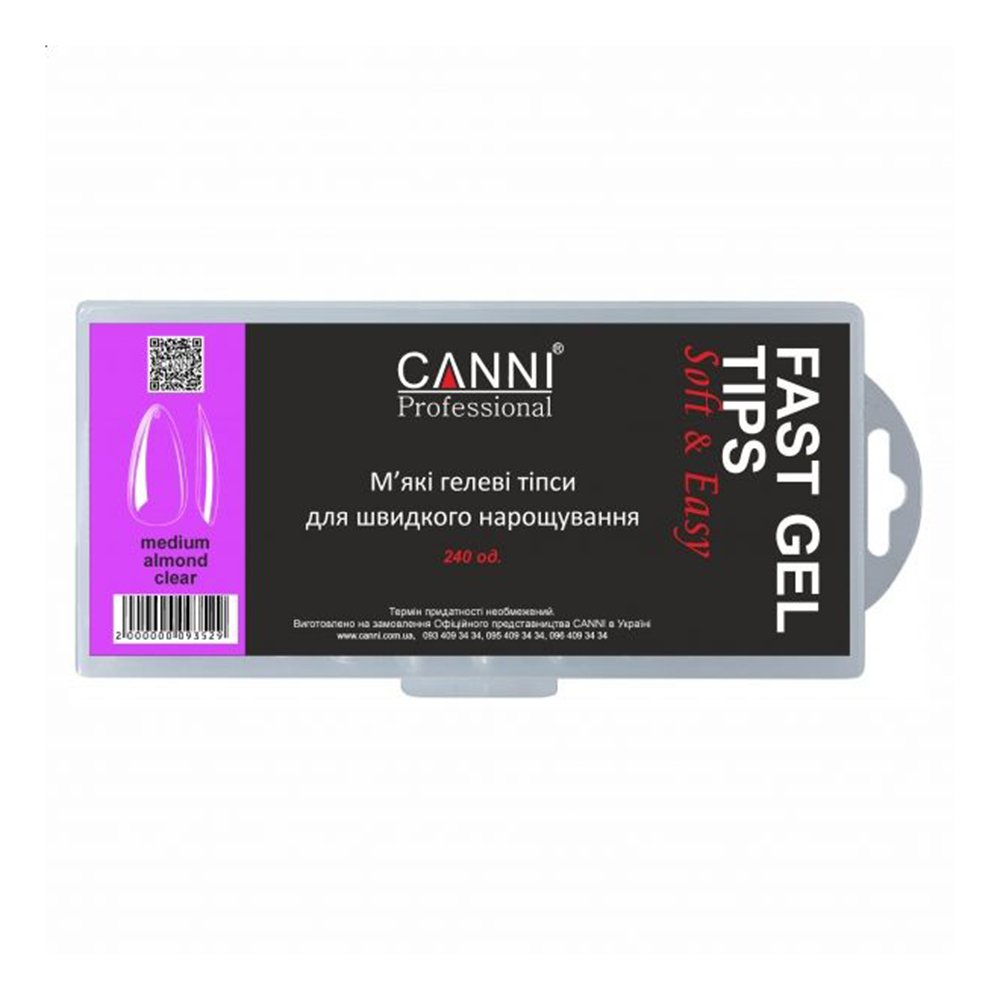 

М'які гелеві типси для швидкого нарощування Canni Medium Almond Clear Fast Gel Tips, 240 шт