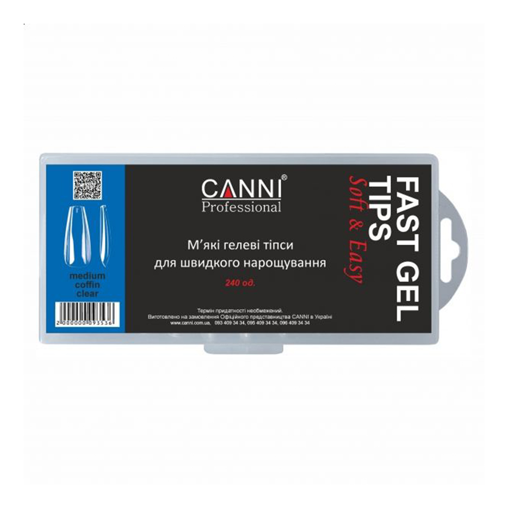 

М'які гелеві типси для швидкого нарощування Canni Medium Coffin Clear Fast Gel Tips, 240 шт