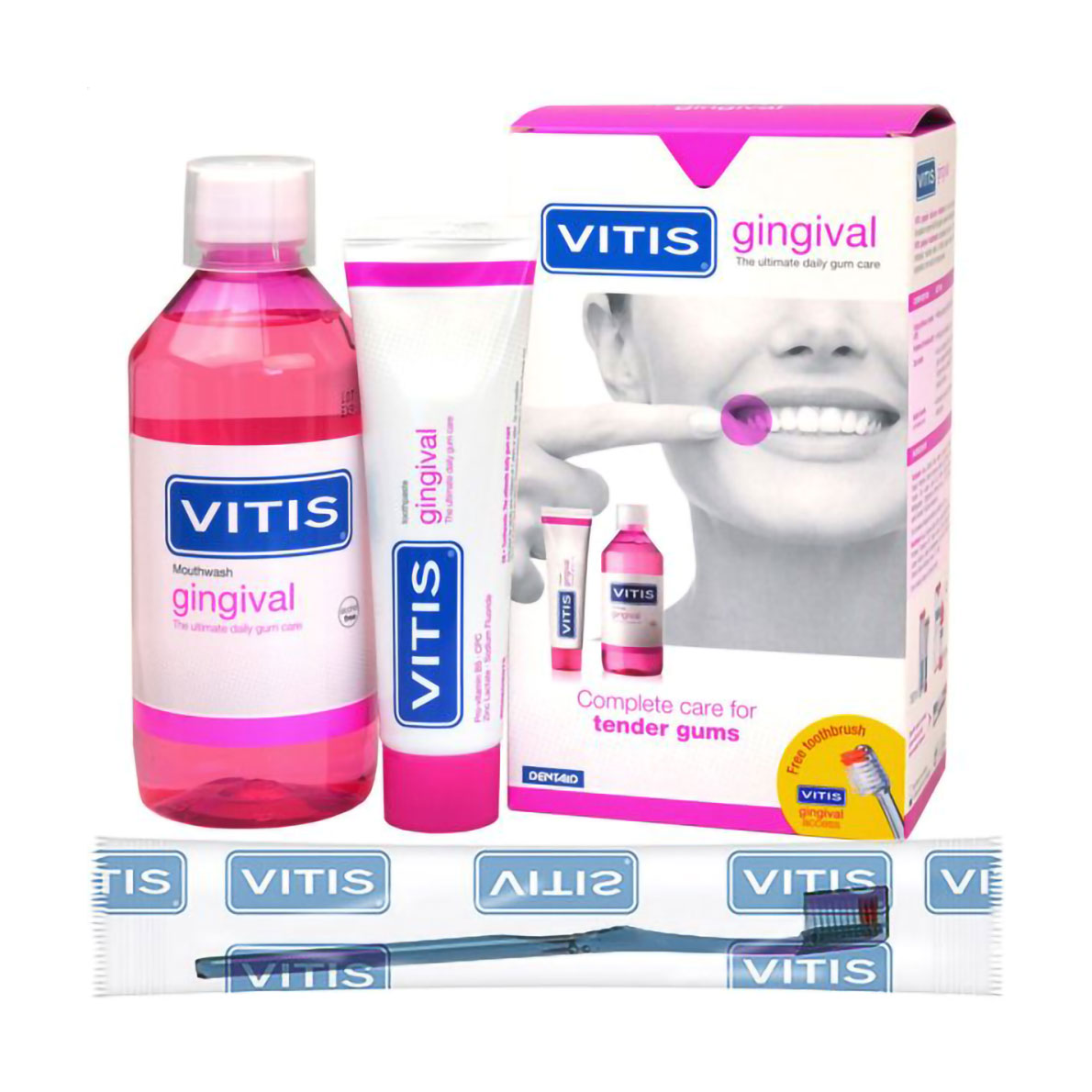 

Набір для ротової порожнини Dentaid Vitis Gingival (зубна паста, 100 мл + ополіскувач, 500 мл + щітка м'ятна, 1 шт)