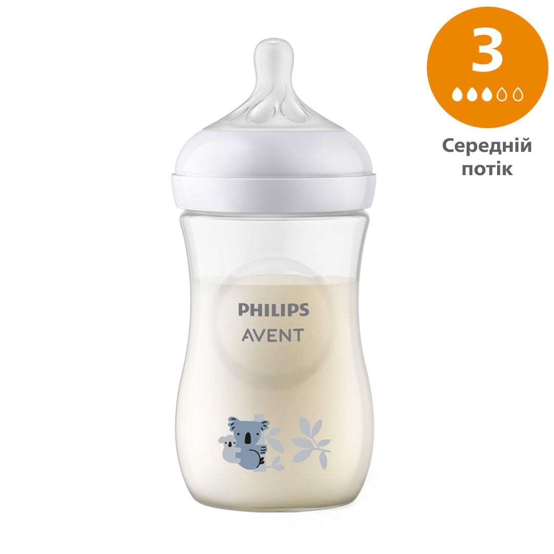 

Дитяча пляшечка для годування Philips AVENT Natural 3-Середній потік, від 1 місяця, з коалою, 260 мл (SCY903/67)