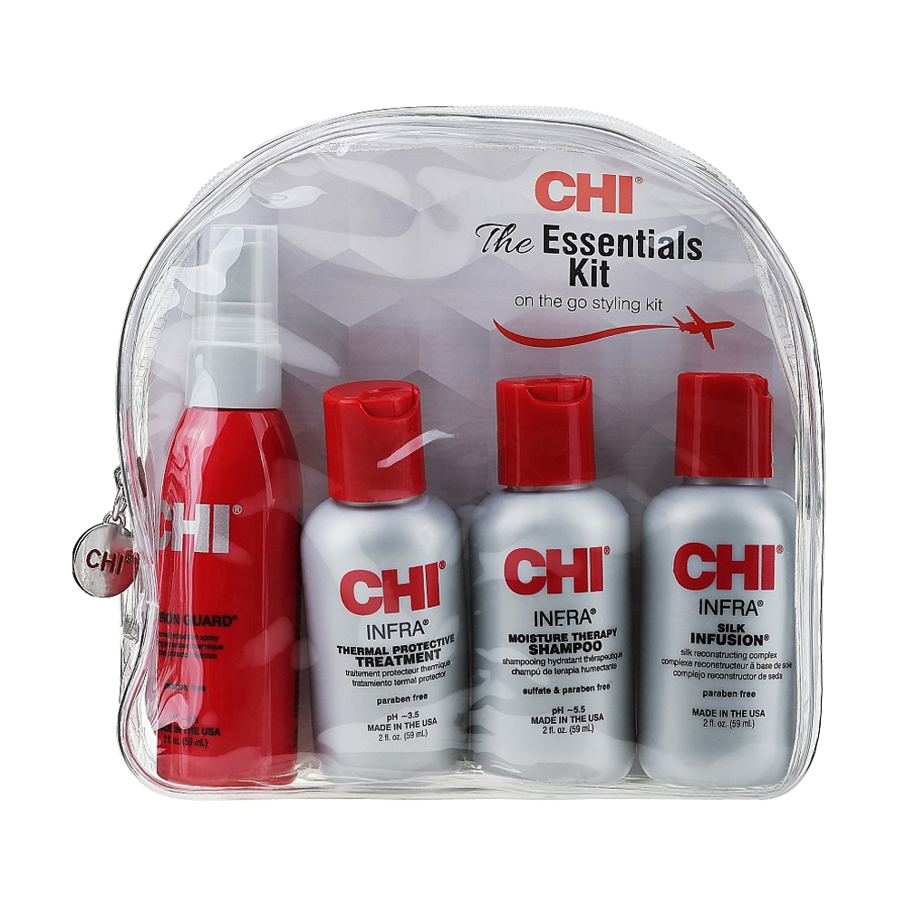 

Набір для волосся CHI The Essentials Kit (шампунь Infra, 59 мл + кондиціонер Infra, 59 мл + спрей Iron Guard 59 мл + комплекс Silk, 59 мл)