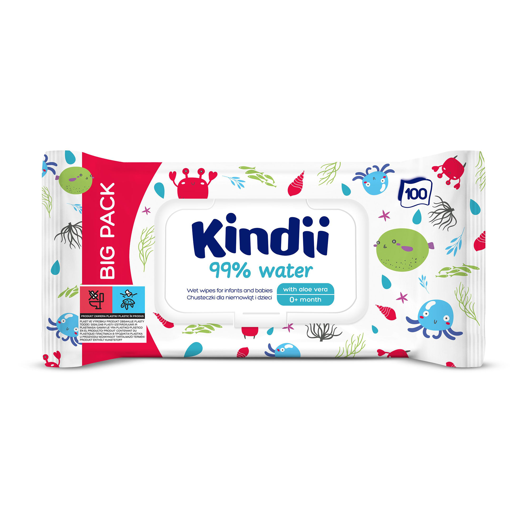 Вологі серветки для немовлят і дітей Kindii Cleanic 99% Water, 100 шт