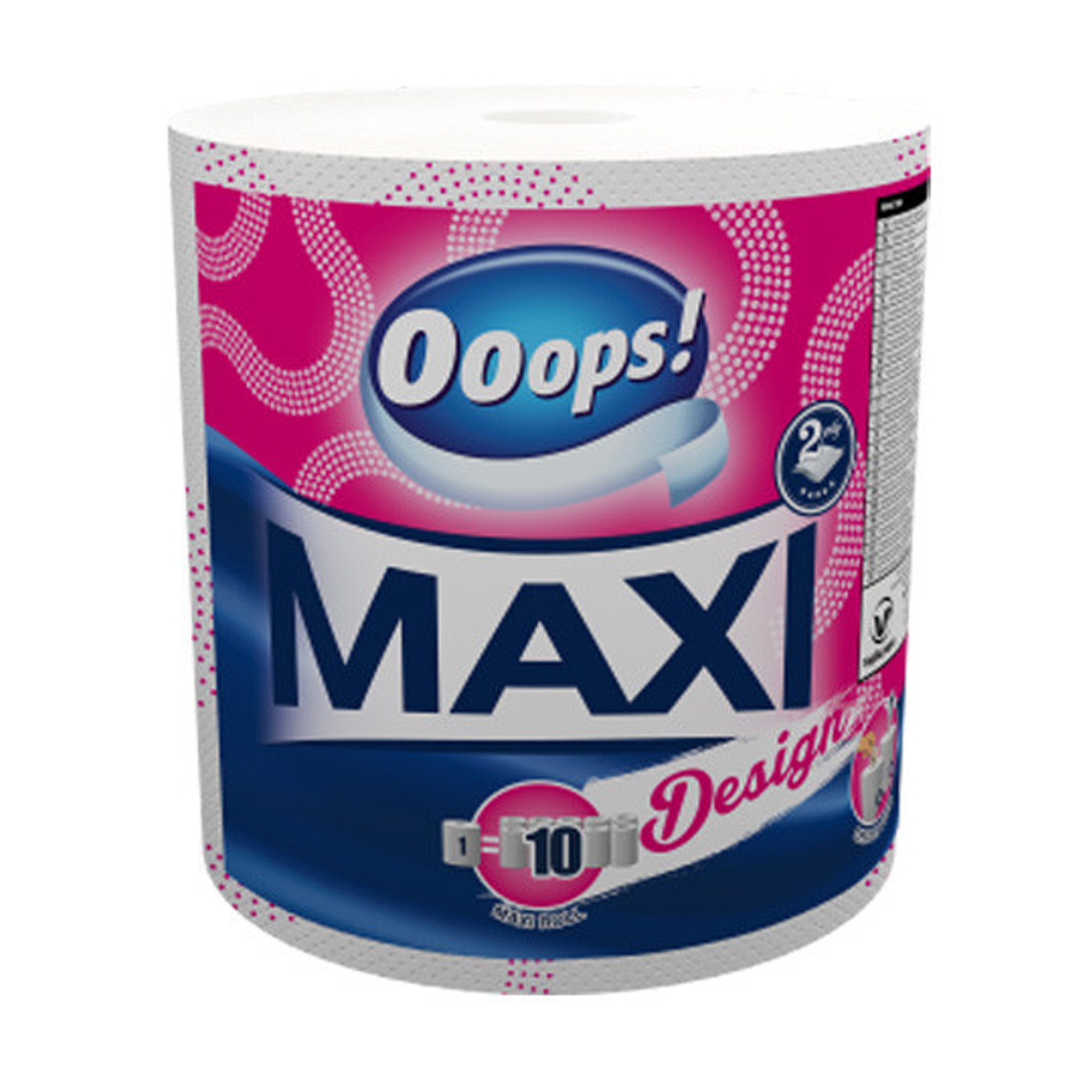 

Паперові рушники Ooops! Maxi Design, білі, 2-шарові, 500 відривів, 1 рулон