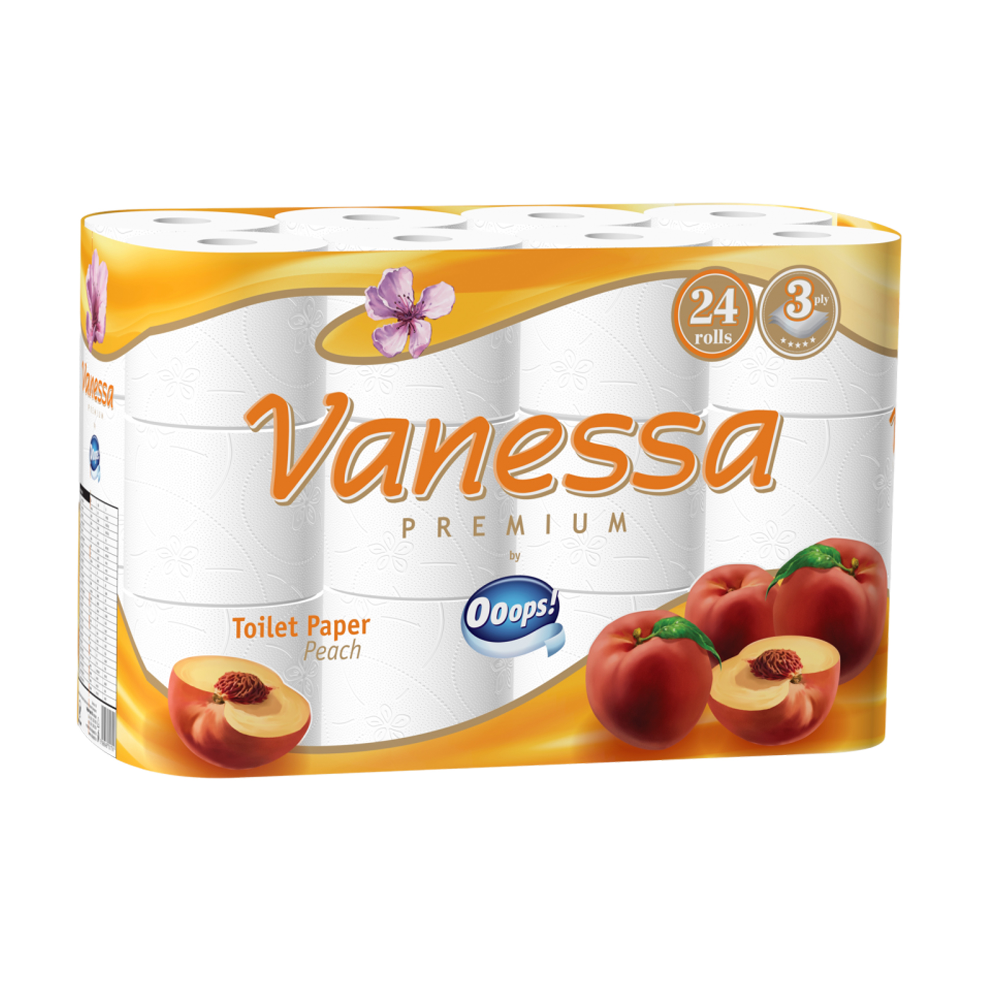 

Туалетний папір Ooops! Vanessa Premium Peach білий, з ароматом персику, 3-шаровий, 120 відривів, 24 рулони