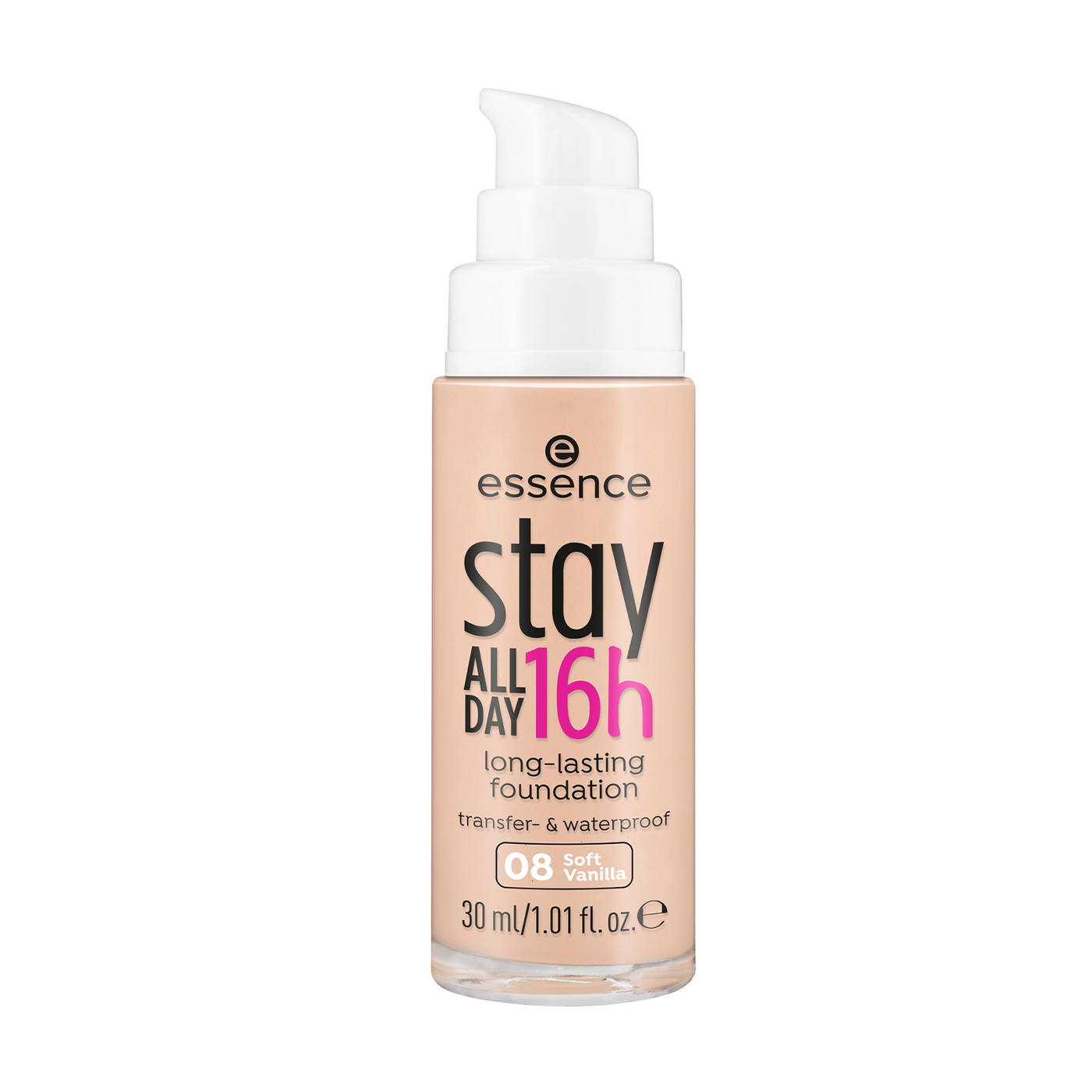 

Стійка тональна основа для обличчя Essence Stay All Day 16h, з водонепроникною текстурою, 08 Soft Vanilla, 30 мл