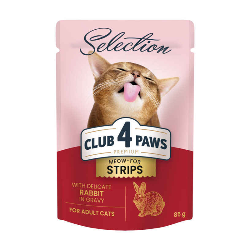 

Вологий корм для дорослих кішок Club 4 Paws Meow-For Strips, з кроликом в соусі, 85 г