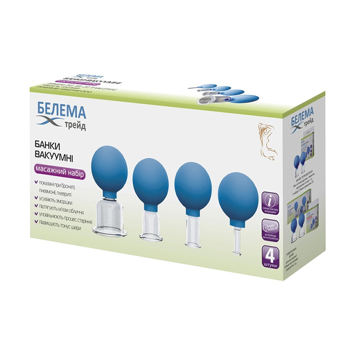 

Банки вакуумні для тіла Белема Трейд Масажний набір, діаметр 50, 33, 22, 11 мм, 4 шт