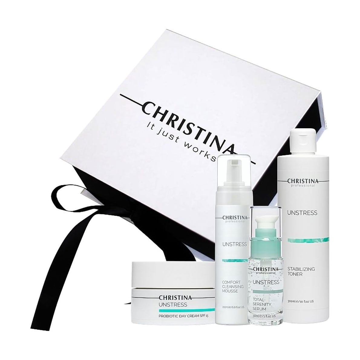 

Уцінка! Набір для обличчя Christina Unstress (крем, 50 мл + мус, 200 мл + сироватка, 30 мл + тонік, 300 мл)