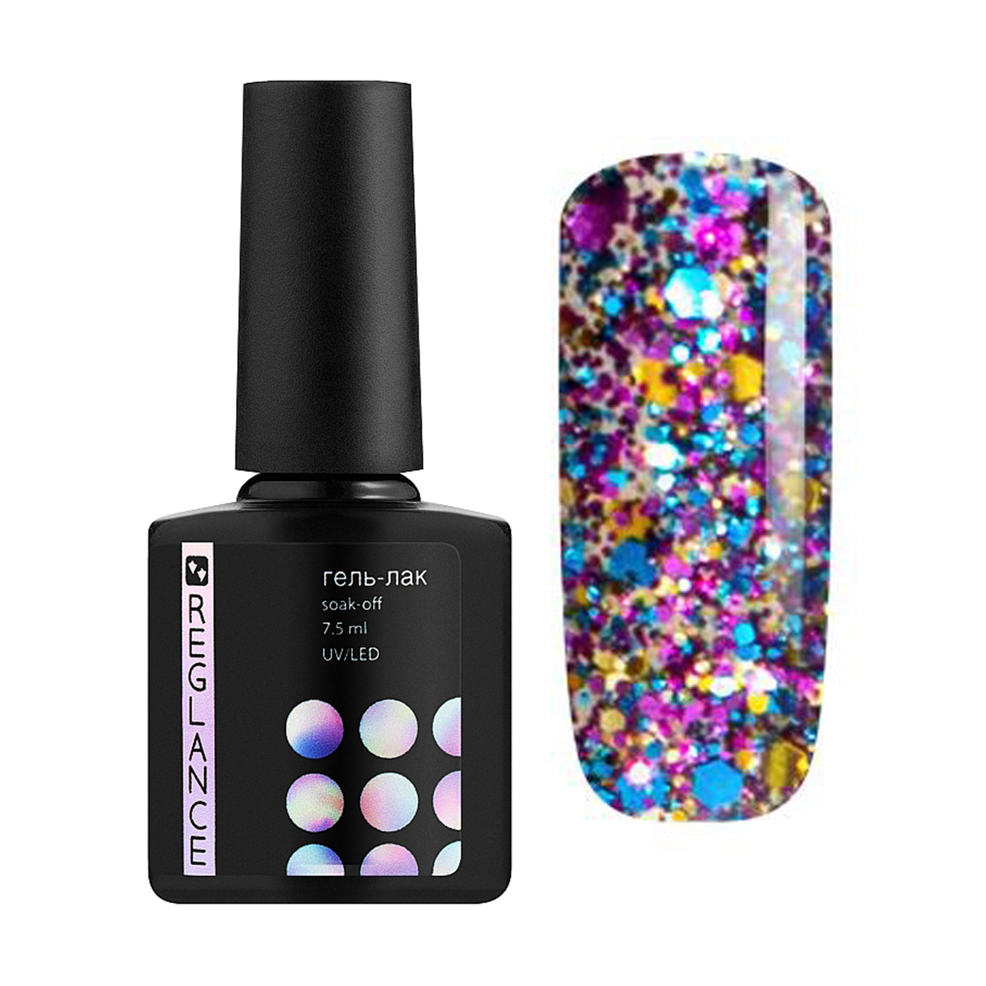 

Гель-лак для нігтів Reglance Gel Polish 140 Прозорий з різнокольоровими блискітками, 7.5 мл