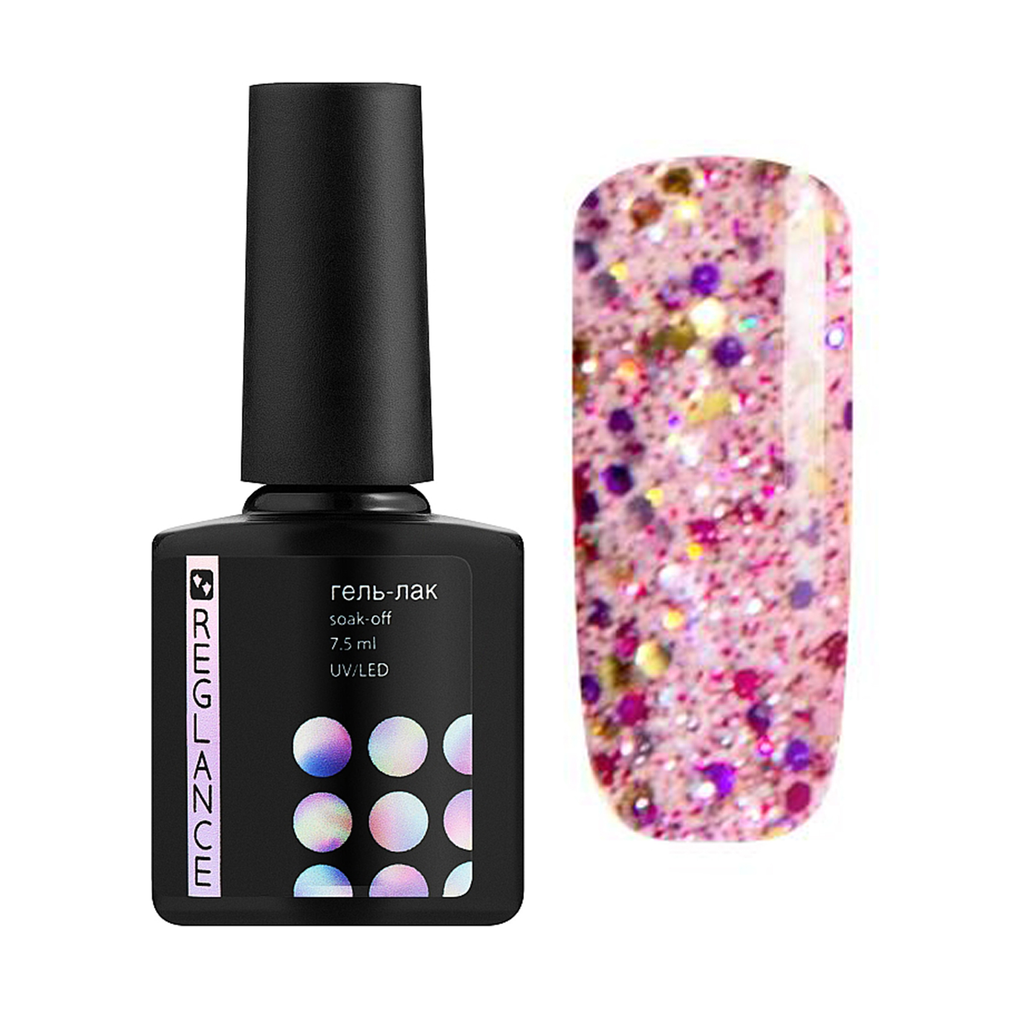 

Гель-лак для нігтів Reglance Gel Polish 142 Рожевий з різнокольоровими блискітками, 7.5 мл