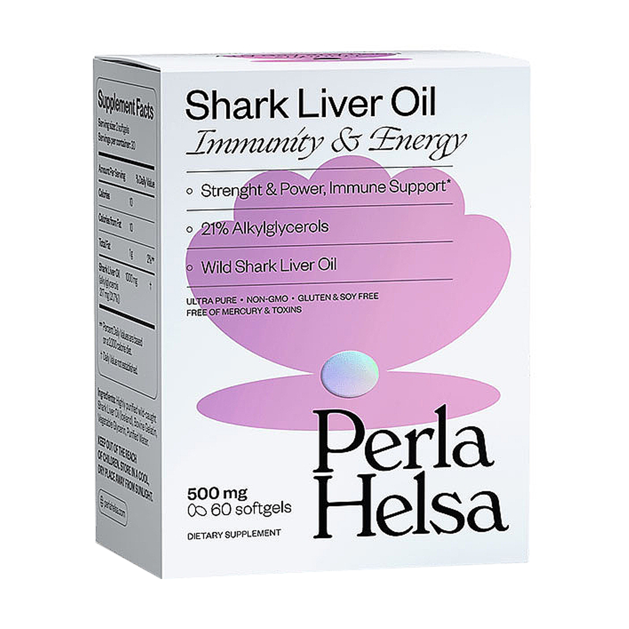 

Акулячий жир з алкілгліцеролом Perla Helsa Shark Liver Oil Immunity & Energy 500 мг, 60 капсул